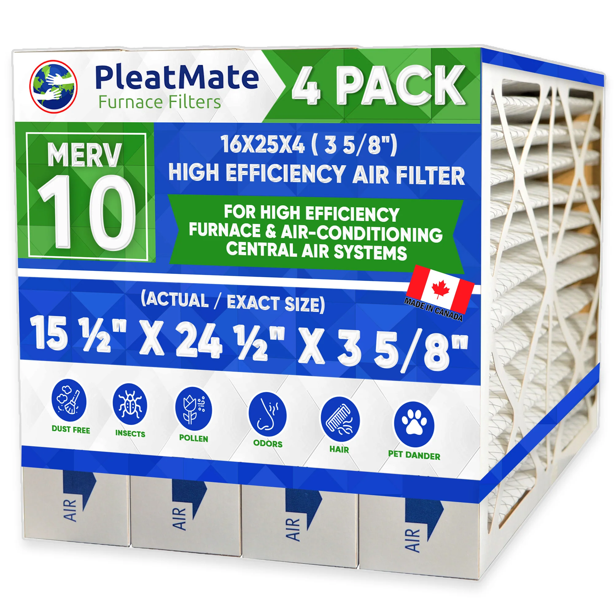 16x25x4 3M Size MERV 10 Replacement Filters. Actual Size 15 1/2" x 24 1/2" x 3 5/8" Case of 4 Made by Furnace Filters.Ca