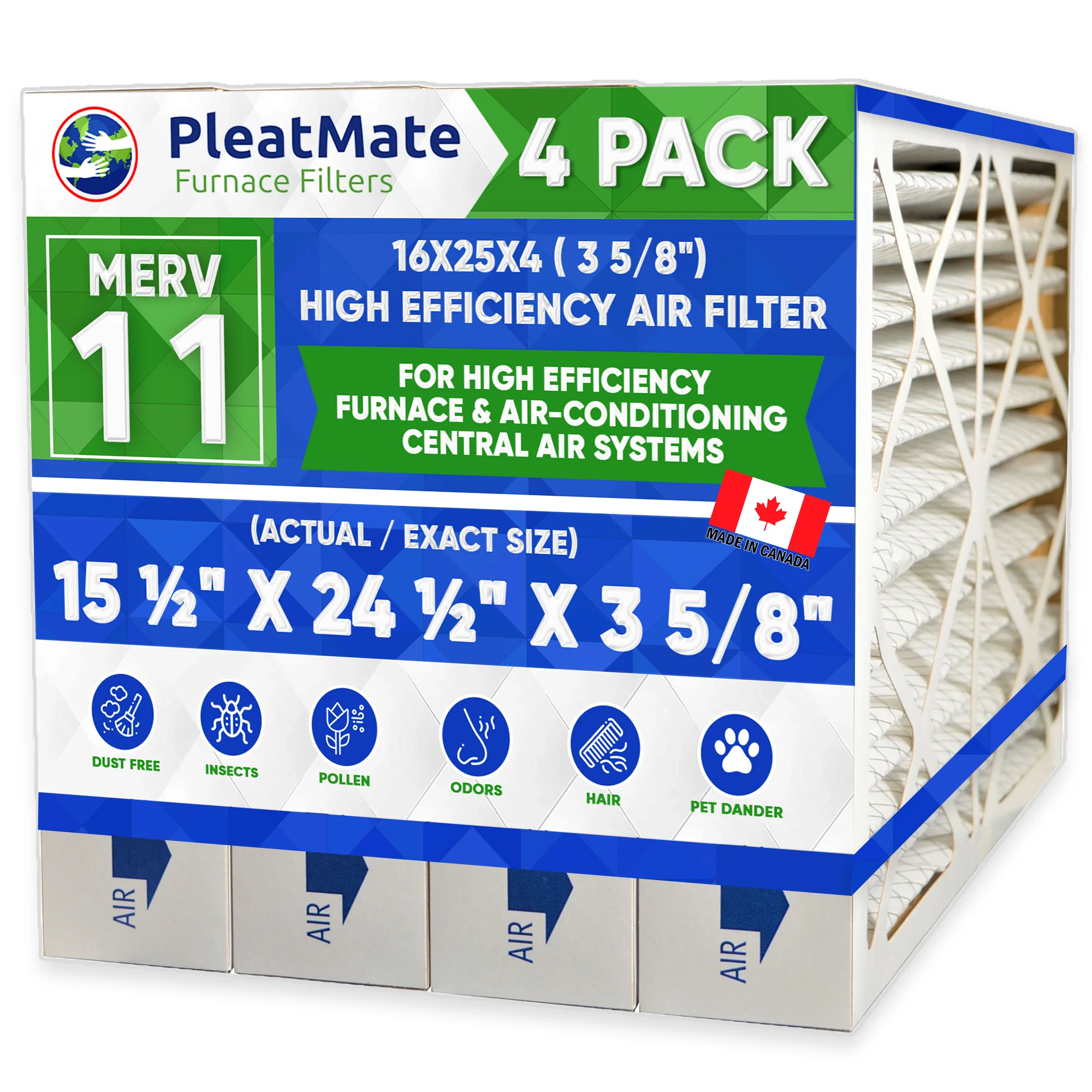 16x25x4 MERV 11 3M Filtrete Size Replacement Filters. Actual Size 15 1/2" x 24 1/2" x 3 5/8" Case of 4 Made by Furnace Filters.Ca