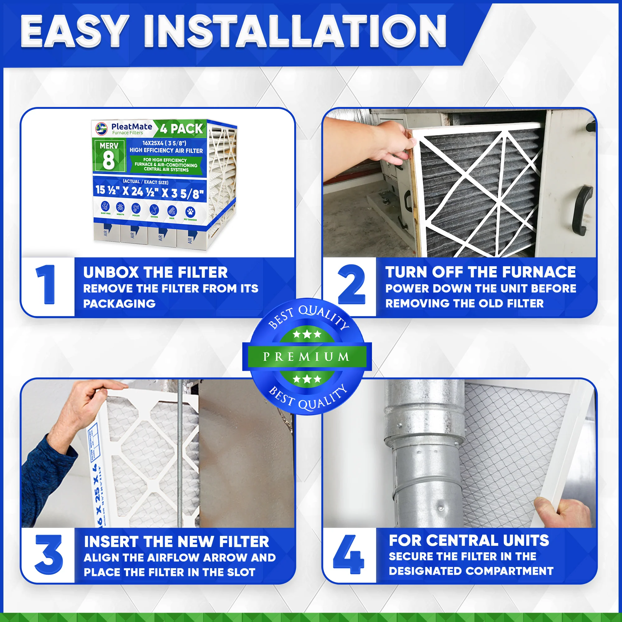 16x25x4 MERV 8 Furnace Filter. Actual Size 15 1/2" x 24 1/2" x 3 5/8". 3M 16x25x4 Filtrete Size Replacement Filters. Case of 4 - Image 4