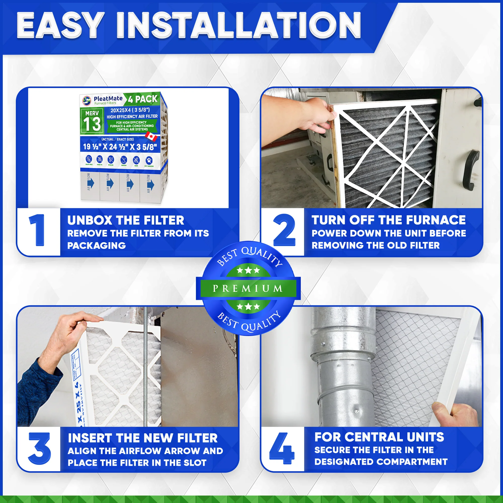 20x25x4 Furnace Filter MERV 13 Pleated Filters. Actual/Exact Size 19 1/2" x 24 1/2" x 3 3/4"  Case of 4. - Image 6