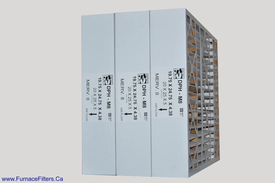 20x25x5 Furnace Filter Replacement MERV 8.. Actual Size 19 3/4" x 24 3/4" x 4 3/8." Made in Canada by Furnace Filters.Ca Pkg. of 3