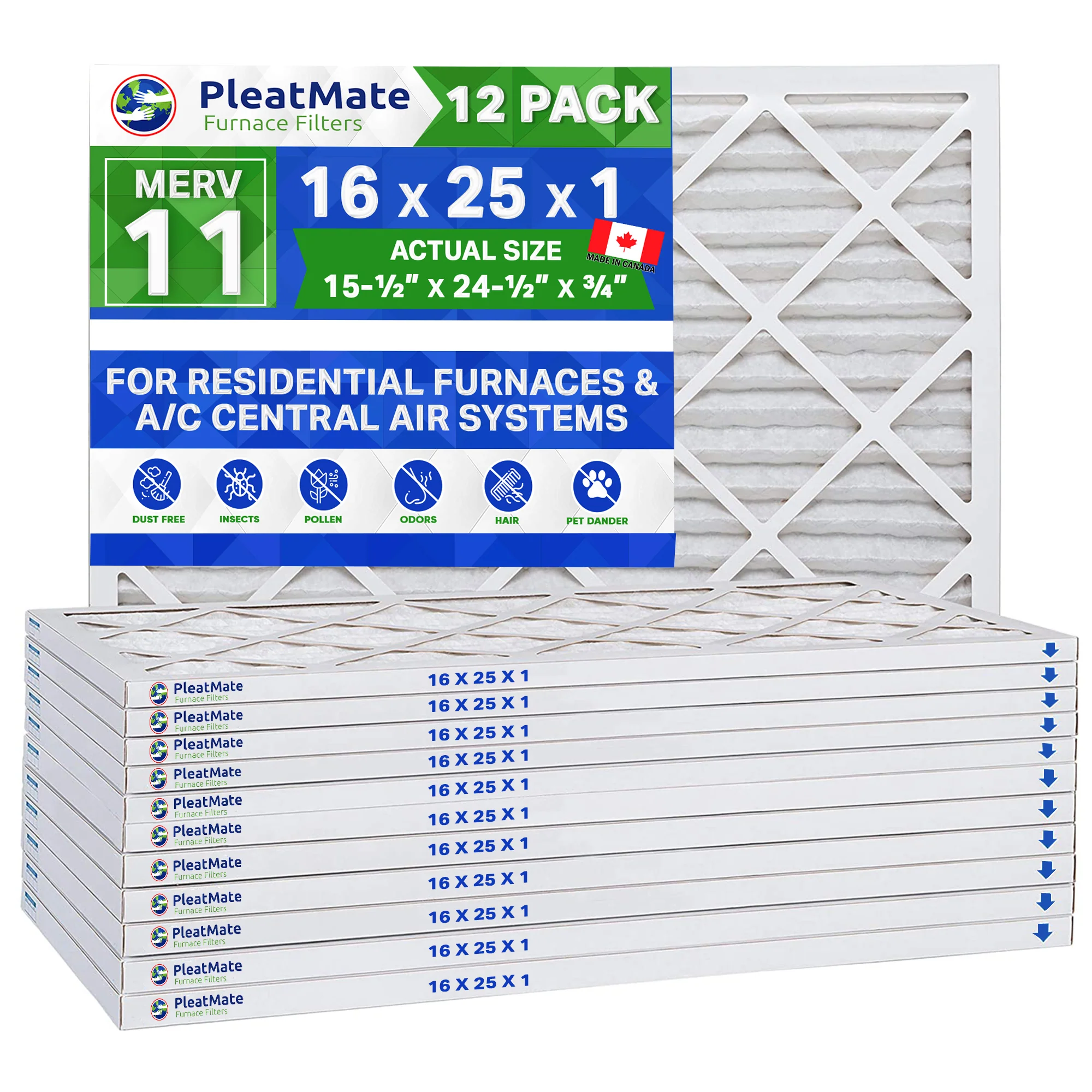 Standard 16 x 25 x 1. MERV 11 Rated. Case of 12