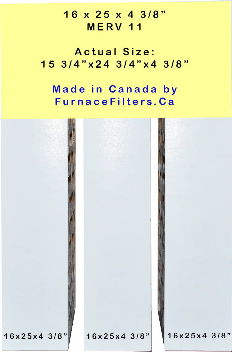 Standard Honeywell Compatible 16 x 25 x 5 (4 3/8"). Actual Size 15 15/16" x 24 7/8" x 4 3/8" MERV 11 Rated. Case of 3