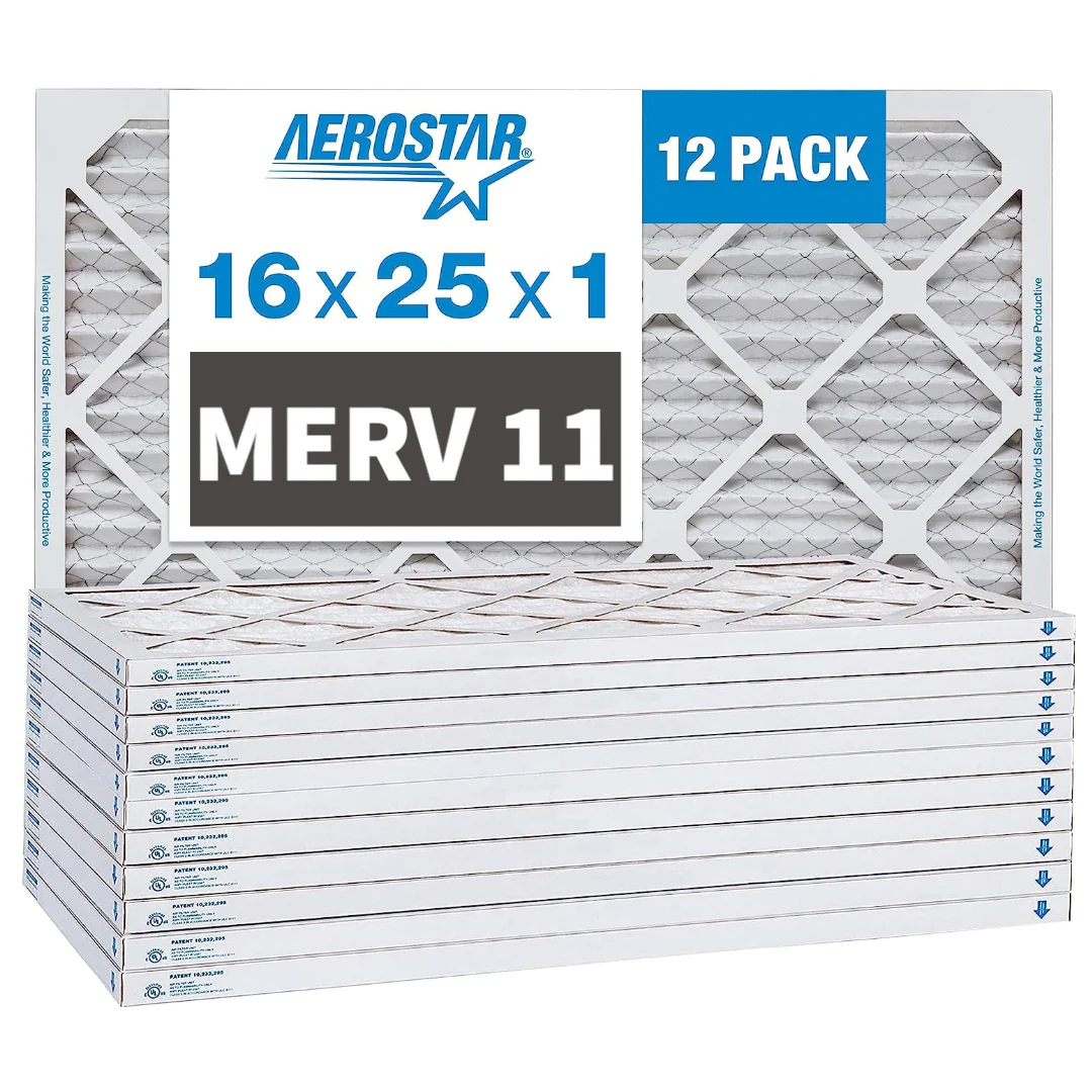 Aerostar 16x25x1 MERV 11 Pleated Furnace Air Filters. Case of 12