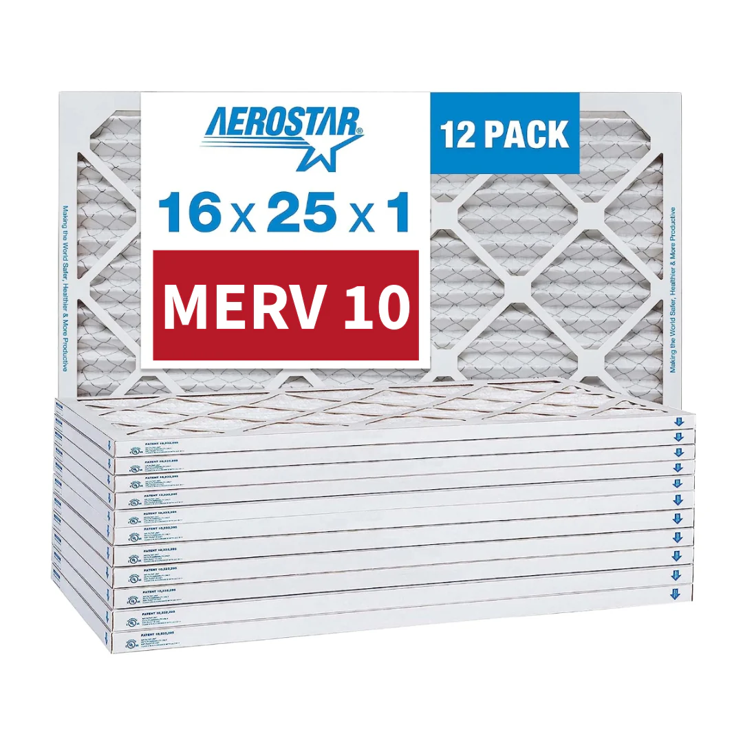 Aerostar 16x25x1 MERV 10 Pleated Furnace Air Filters. Case of 12