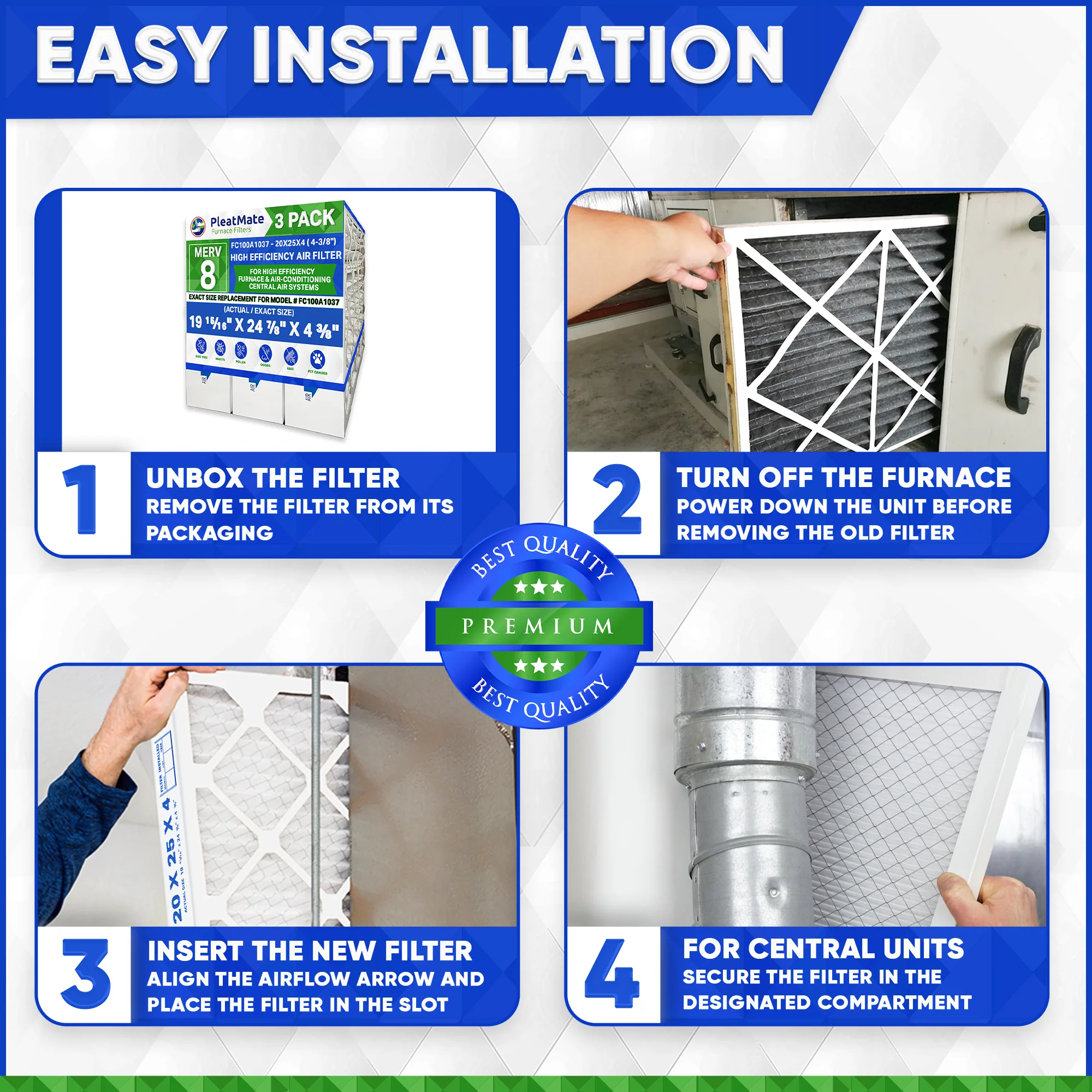 Honeywell 20x25x4 Furnace Filter Model # FC100A1037 MERV 8. Actual Size 19 15/16 x 24 7/8 x 4 3/8. Made in Canada by Furnace Filters.Ca Pkg. of 3 - Image 6
