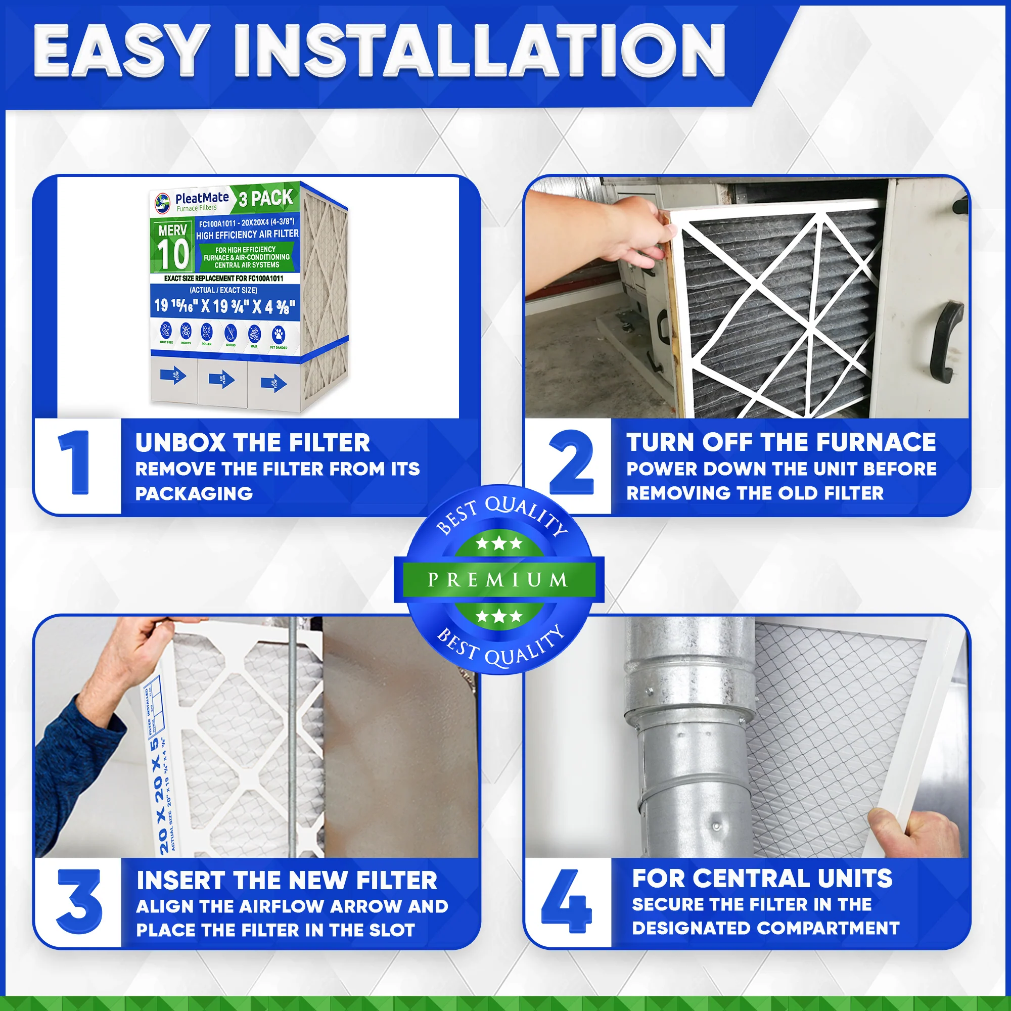 Honeywell 20x20x4 Furnace Filter Model # FC100A1011 MERV 10. Actual Size 19 15/16" x 19 3/4" x 4 3/8" Aftermarket. Case of 3 - Image 4