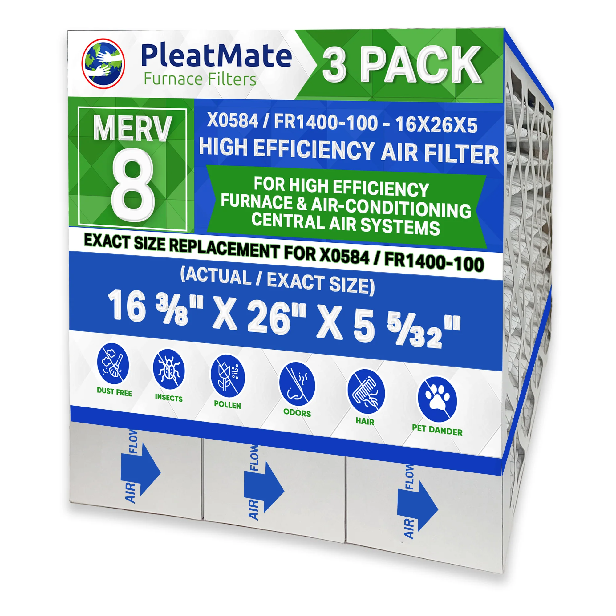 Lennox X0584 16x26x5 MERV 8. Actual Size 16 3/8" x 26" x 5 5/32" Generic Replacement Filters. Case of 3