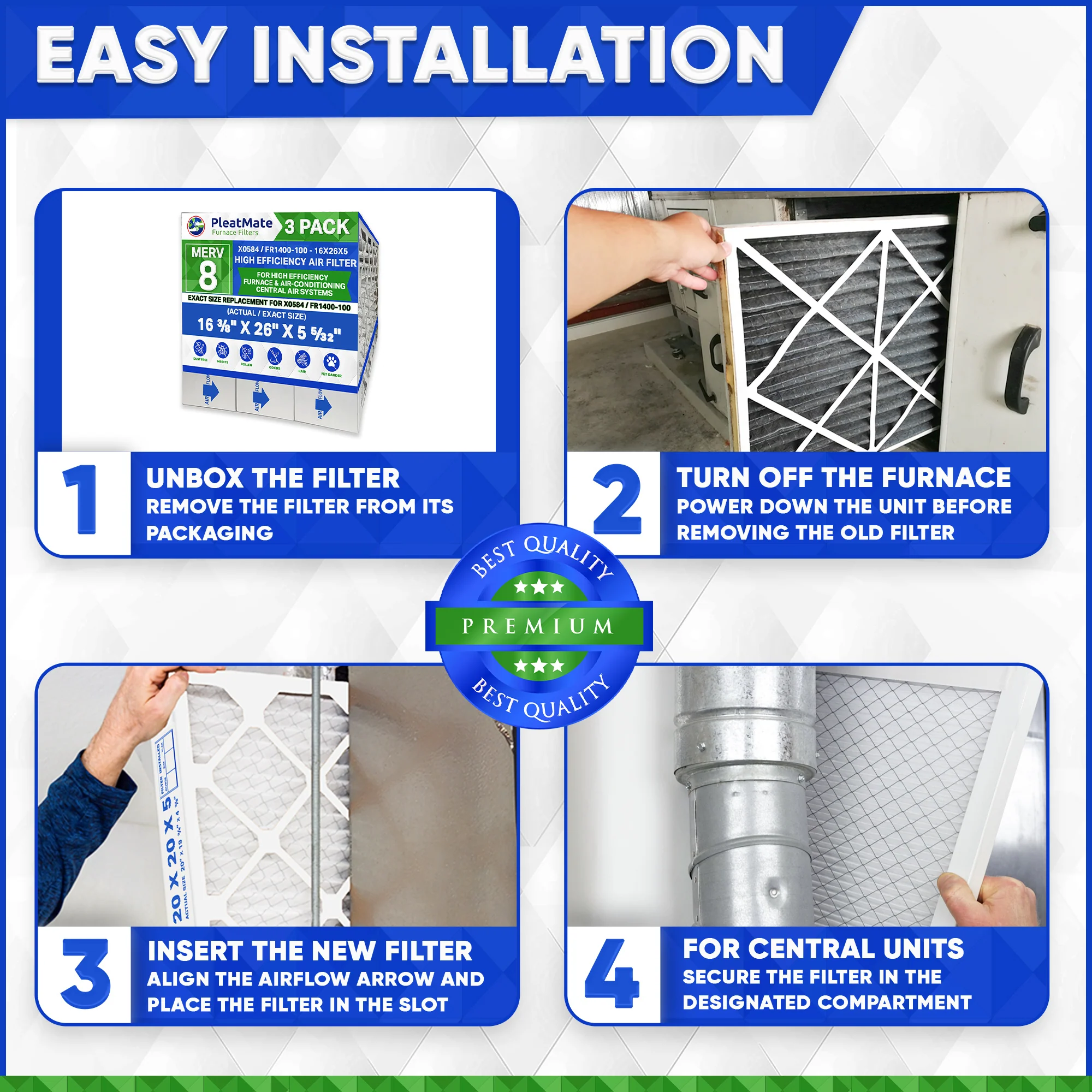 Lennox X0584 16x26x5 MERV 8. Actual Size 16 3/8" x 26" x 5 5/32" Generic Replacement Filters. Case of 3 - Image 6