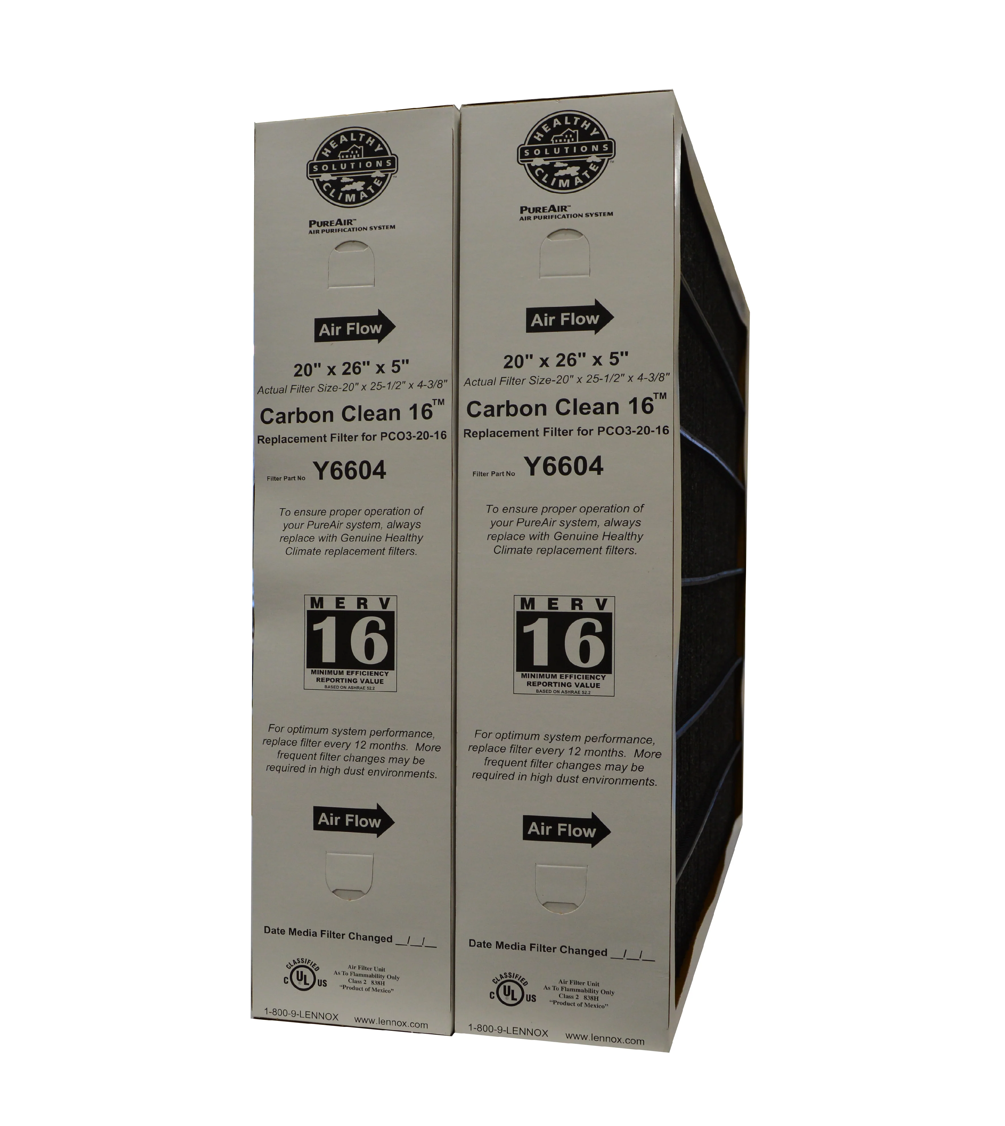 Lennox Y6604 Furnace Filter 20x26x5 Healthy Climate MERV 16 PureAir PCO3-20-16. Package of 2.